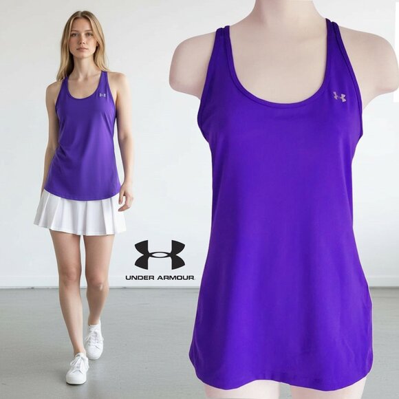 Under Armour HeatGear® Racerback Tank Top Deep Purple White Katfight logo Size M - Picture 1 of 12